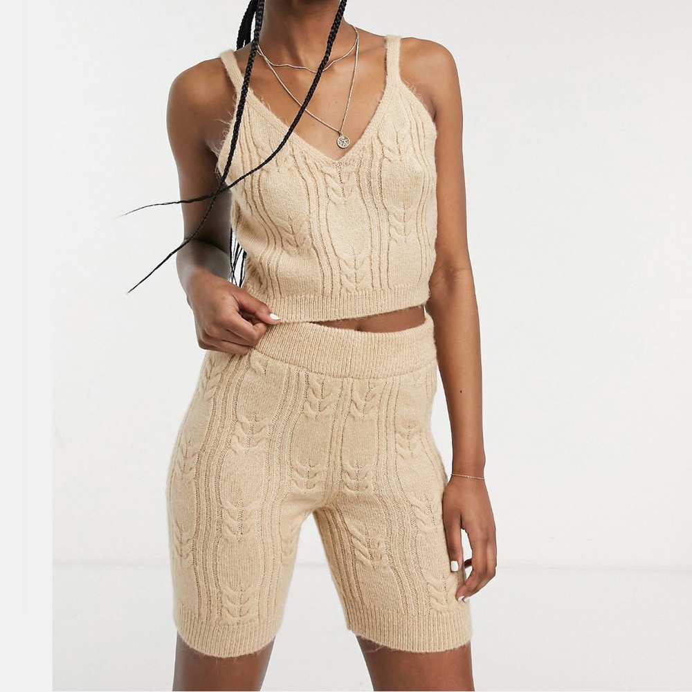 ASOS Design knitted crop top and biker shorts set in beige, size 8
